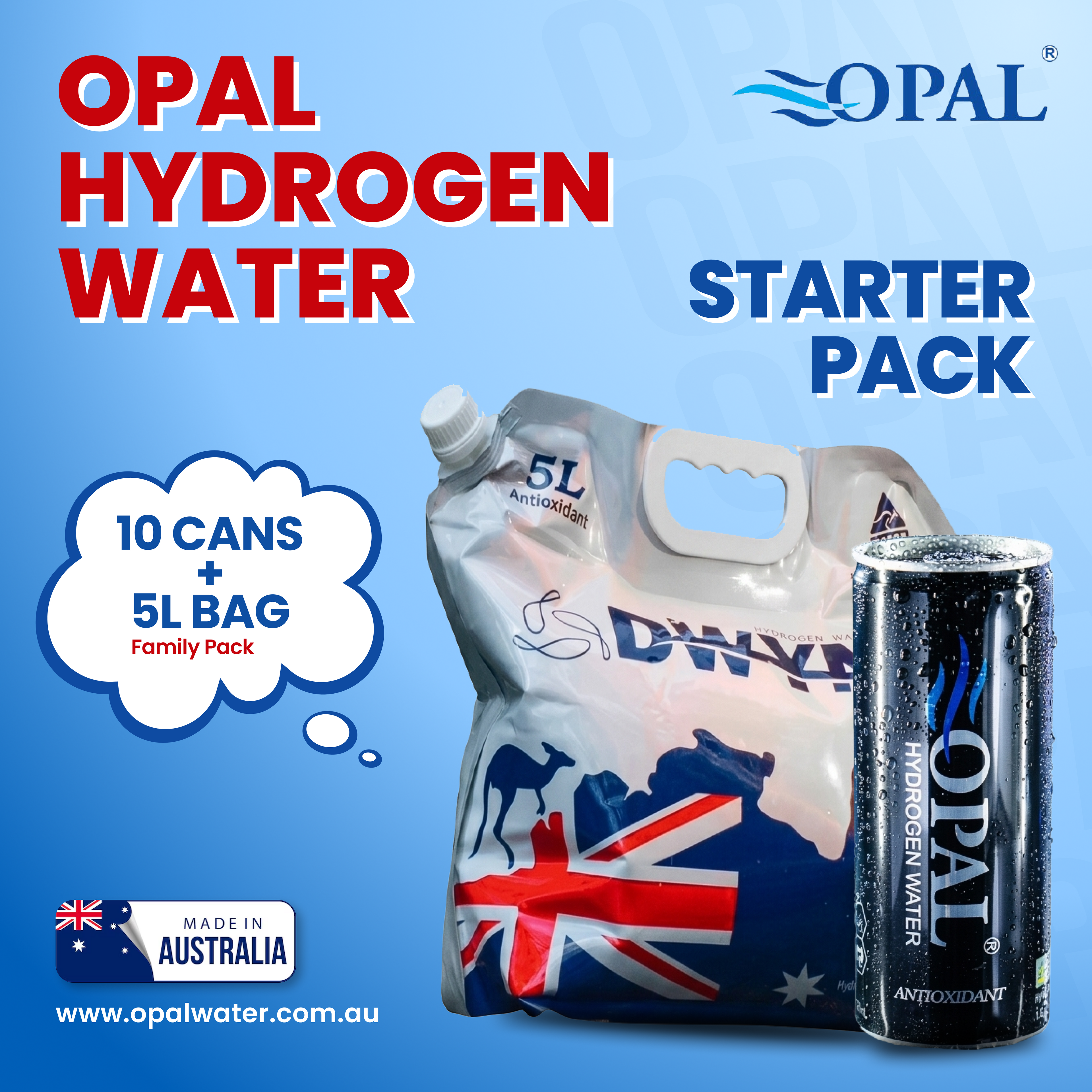 Opal Hydrogen Water Starter Pack – 10 Cans + 5L Bag